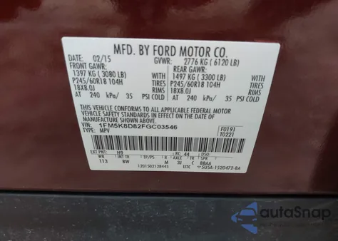 2015 Ford Explorer Xlt из США, поврежденный, VIN 1FM5K8D82FGC03546